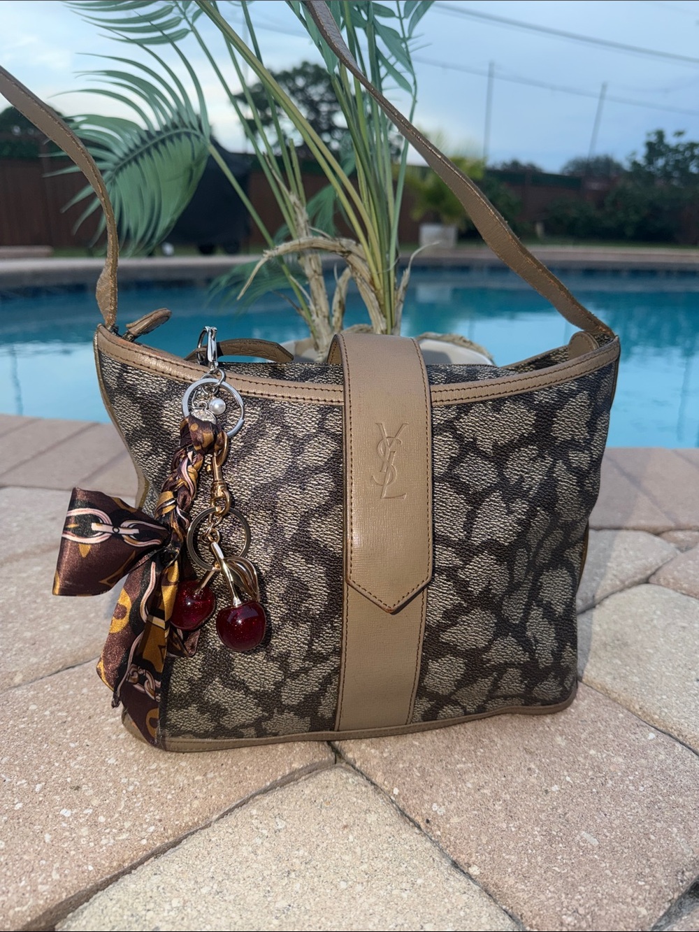 Yves Saint Laurent Brown Beige Giraffe Monogram Canvas Shoulder Bag